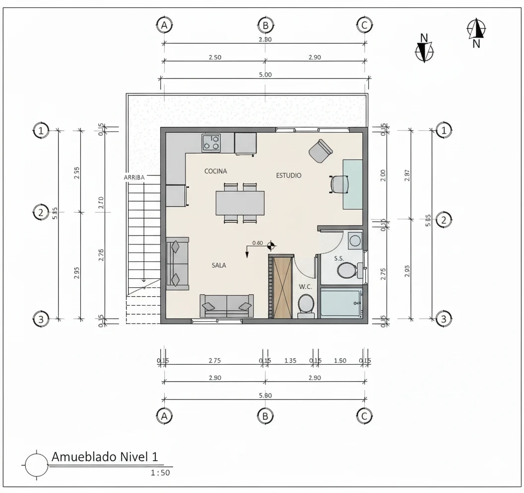 Furnished first-floor plan: kitchen, living, study and bathrooms